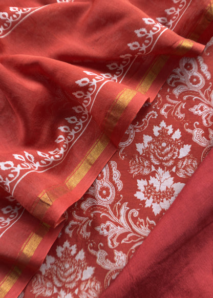 Orange Block Print Unstitched Suit In Pure Maheshwari Silk