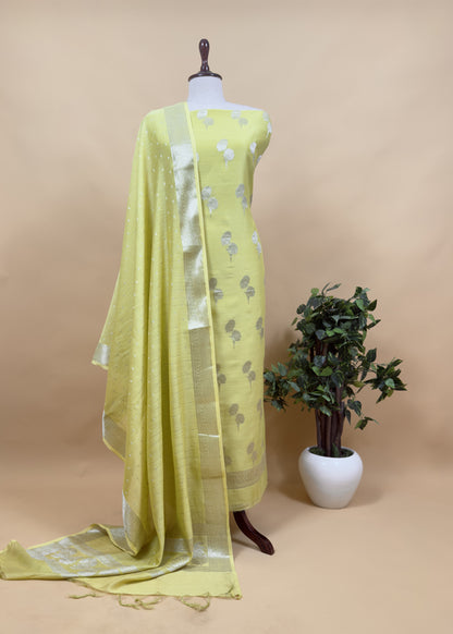 Apple Green Blue Pure Silk Suit with silver peonies weaving