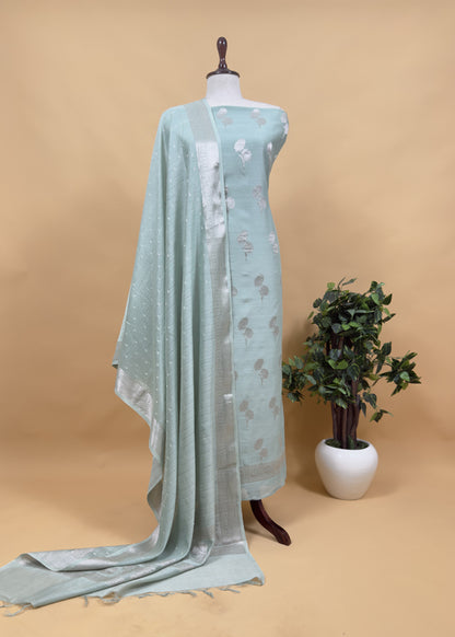 Apple Green Blue Pure Silk Suit with silver peonies weaving