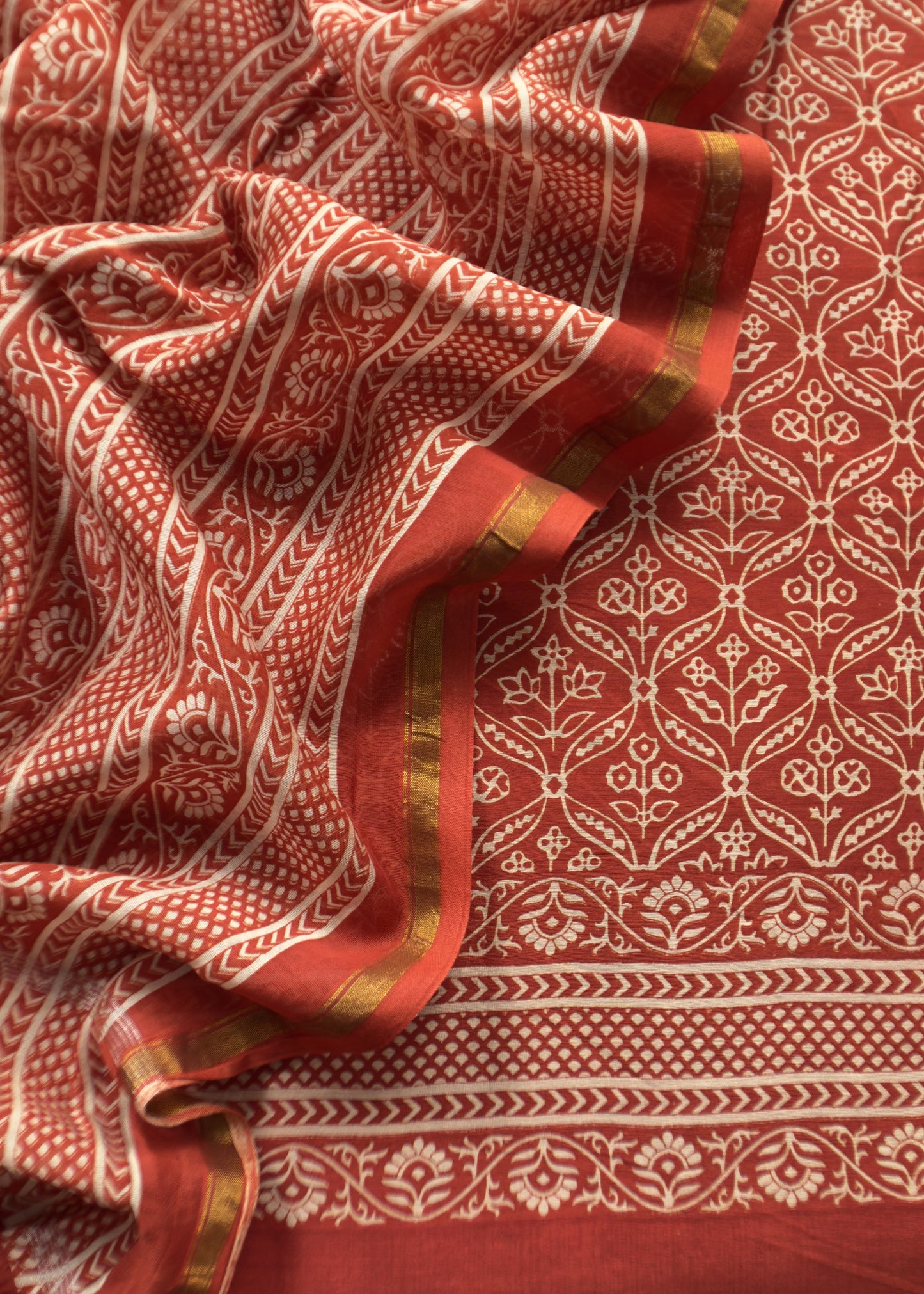 Orange Block Print Handloom Maheshwari Silk Suit Fabric