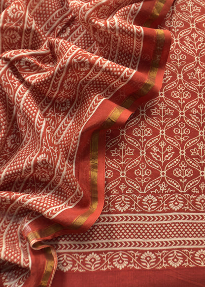Orange Block Print Handloom Maheshwari Silk Suit Fabric