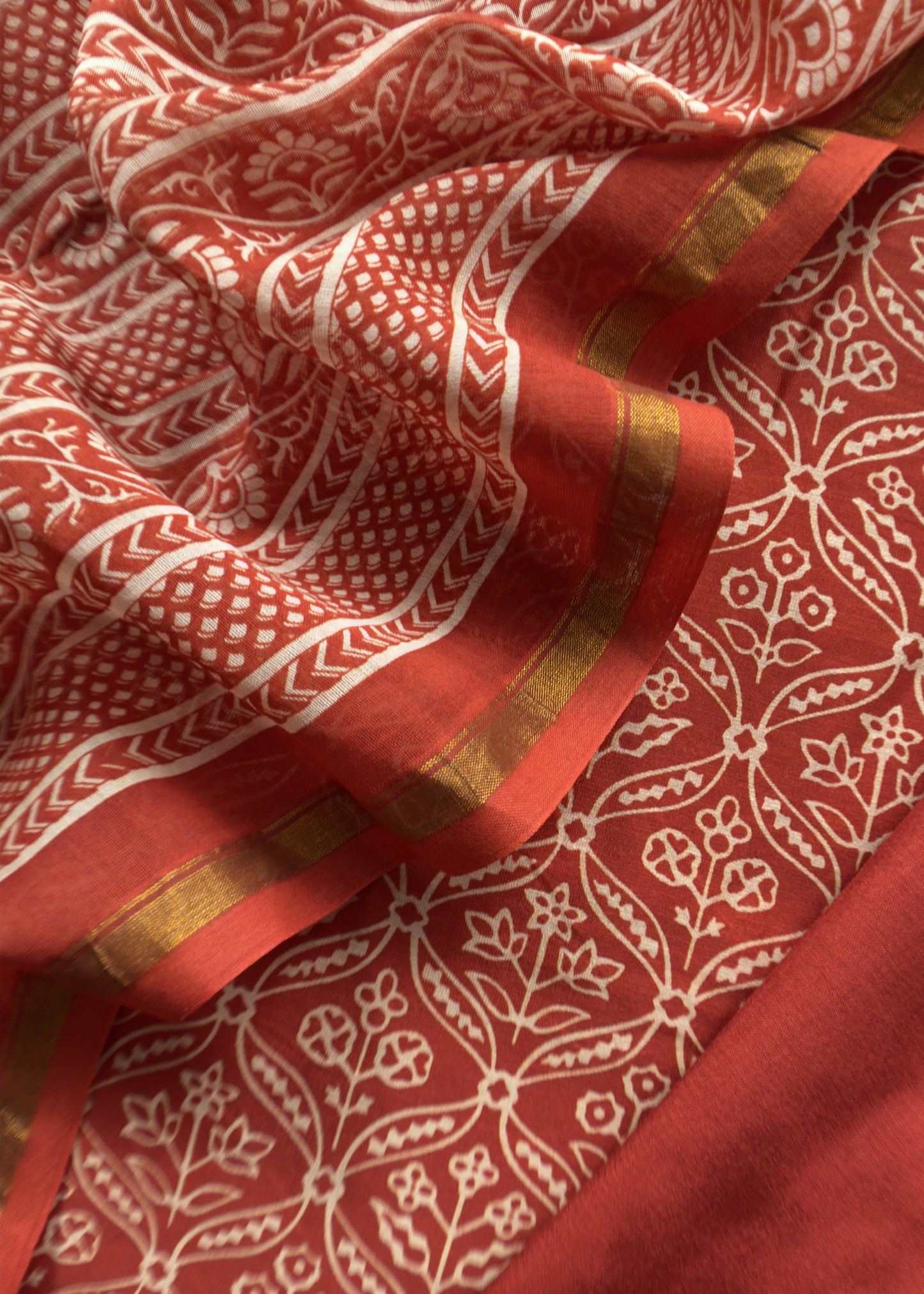 Orange Block Print Handloom Maheshwari Silk Suit Fabric