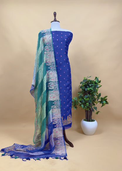 Royal Blue and Green Tyohar luxe Mor Pure Kora Silk Kurta with Double Panel Crushed Tissue Dupatta