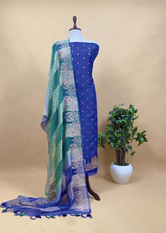 Royal Blue and Green Tyohar luxe Mor Pure Kora Silk Kurta with Double Panel Crushed Tissue Dupatta