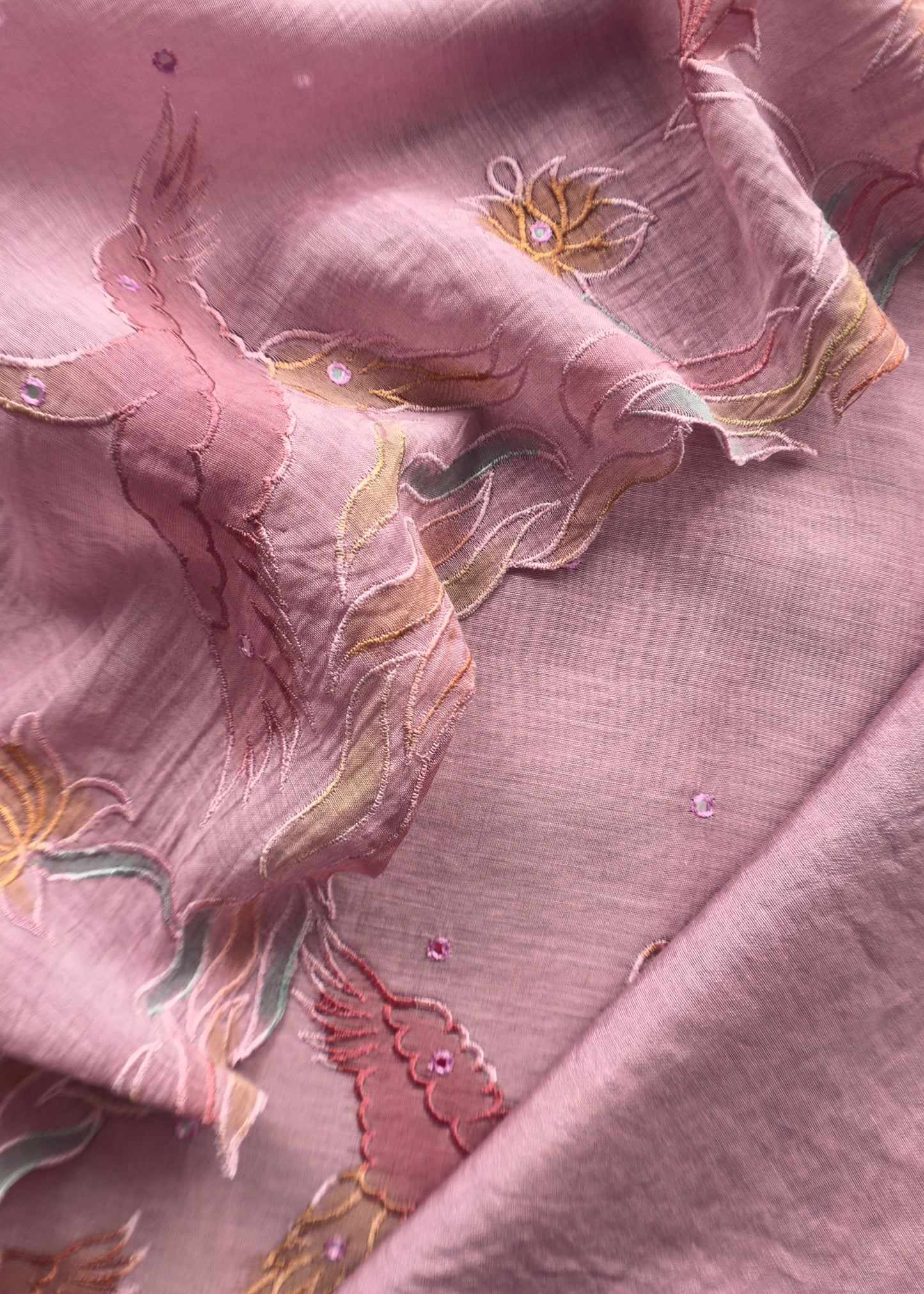 Lavender Pink Pure Mul Chanderi Unstitched Suit With Hand Brushed Embroidery