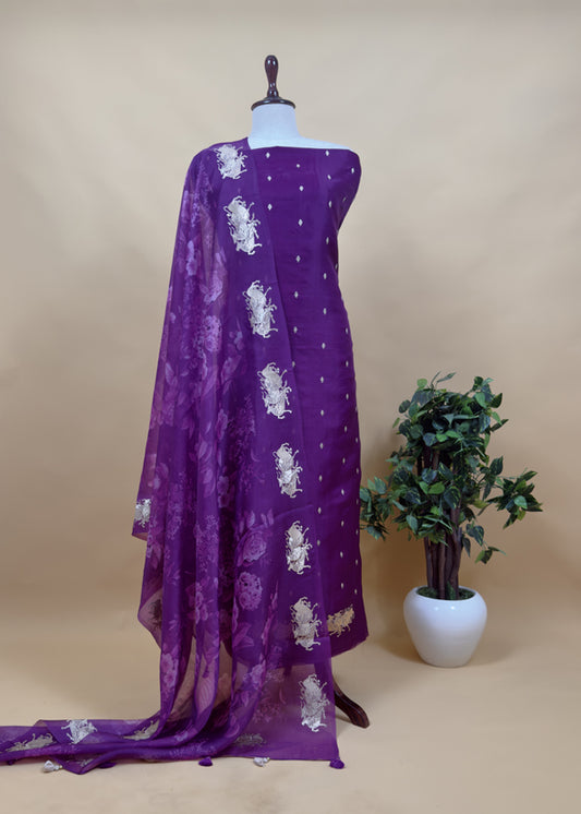 The Violet Affair Sikhagarh Handloom Organza Silk Suit With Floral Dupatta And Zari Embroidery