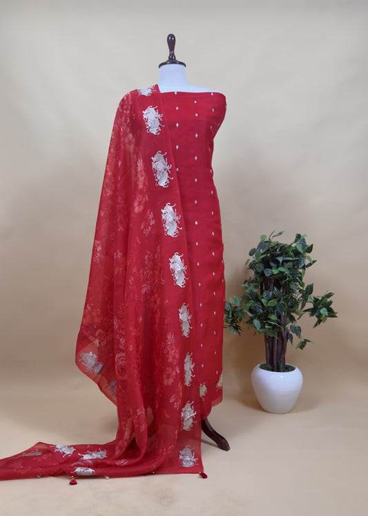 The Red Sikhagarh Handloom Organza Silk Suit With Floral Dupatta And Zari Embroidery