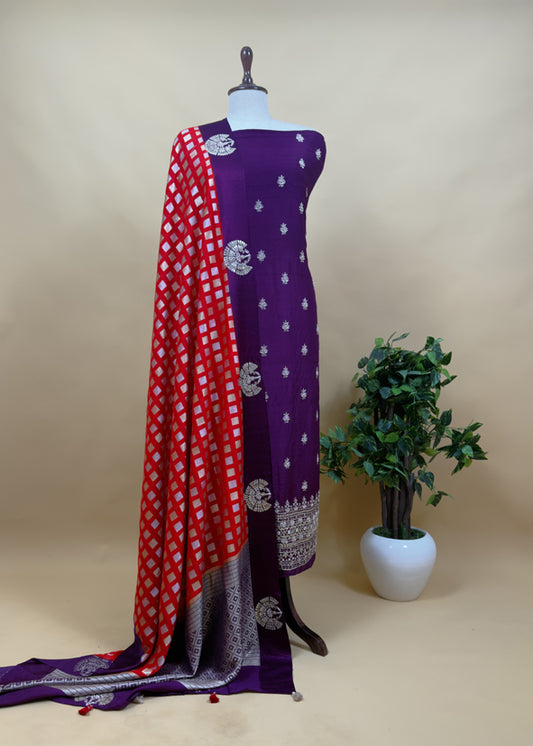 Luxe Royal Purple And Red Handloom Silk Suit With Banarasi Checks And Dabka Dori Handwork