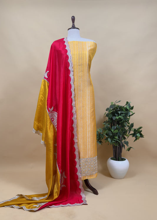 Yellow Red Luxe शादी त्योहार Handloom Brocade Silk Suit Fabric With Dori And Gotapatti Hand Work