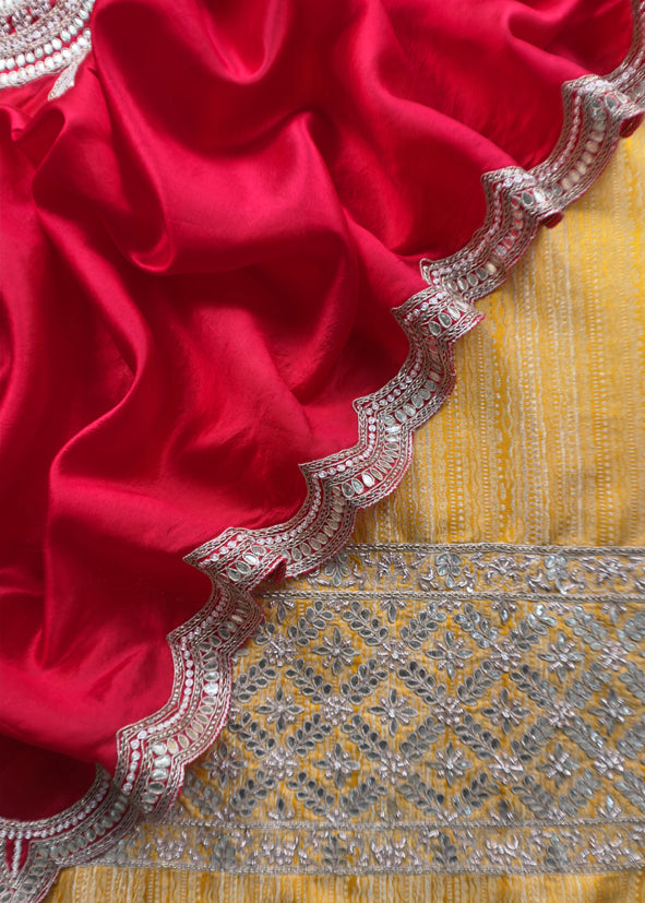 Yellow Red Luxe शादी त्योहार Handloom Brocade Silk Suit Fabric With Dori And Gotapatti Hand Work