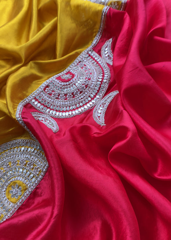 Yellow Red Luxe शादी त्योहार Handloom Brocade Silk Suit Fabric With Dori And Gotapatti Hand Work