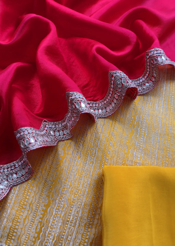 Yellow Red Luxe शादी त्योहार Handloom Brocade Silk Suit Fabric With Dori And Gotapatti Hand Work