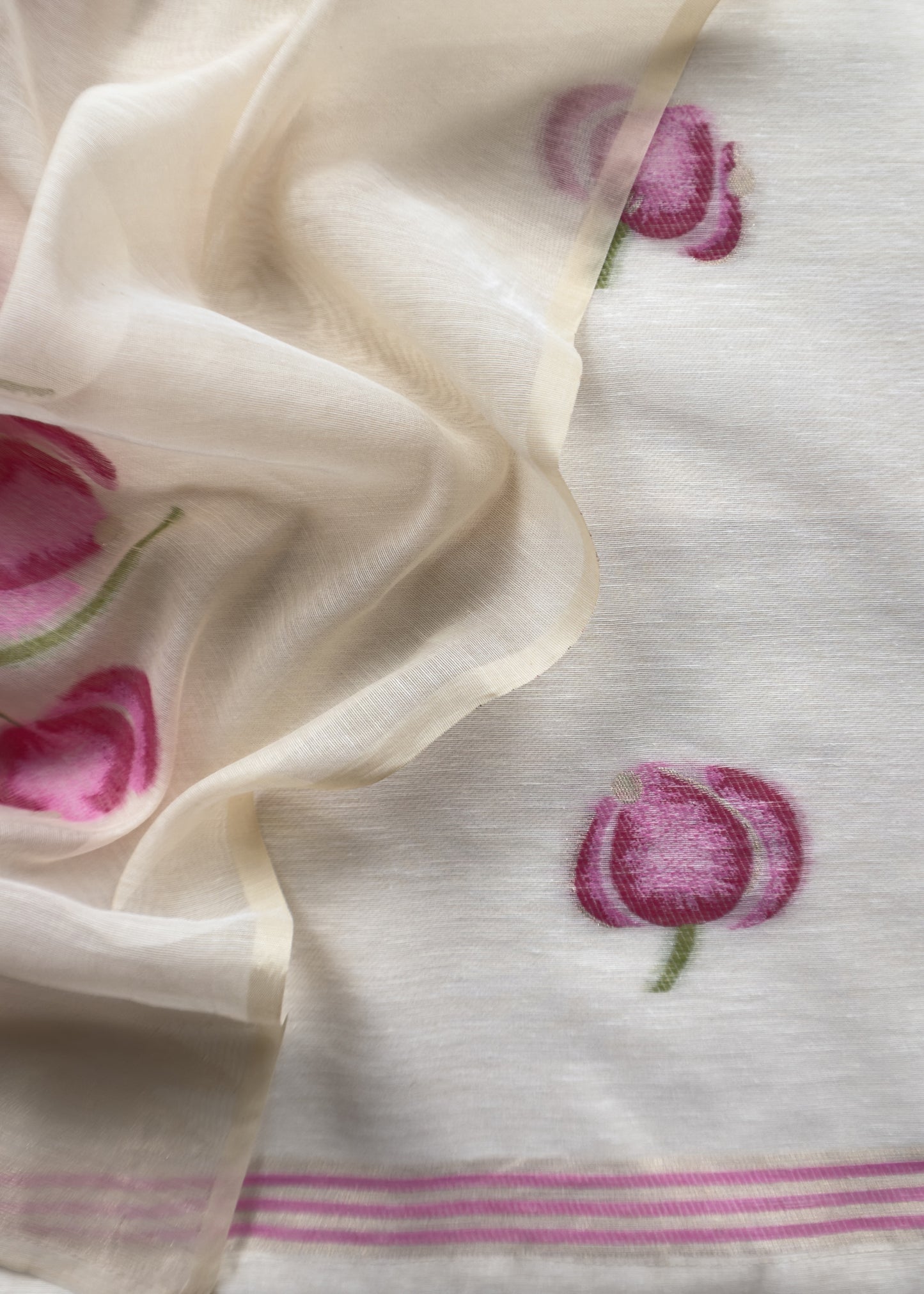 Off White Jamdani Suit With Pink Daffodil In Linen Chanderi Fabric