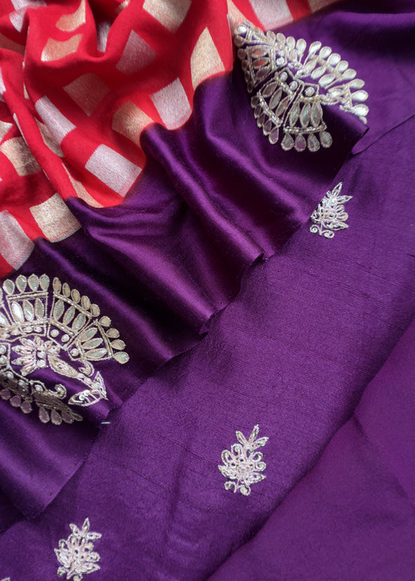 Luxe Royal Purple And Red Handloom Silk Suit With Banarasi Checks And Dabka Dori Handwork