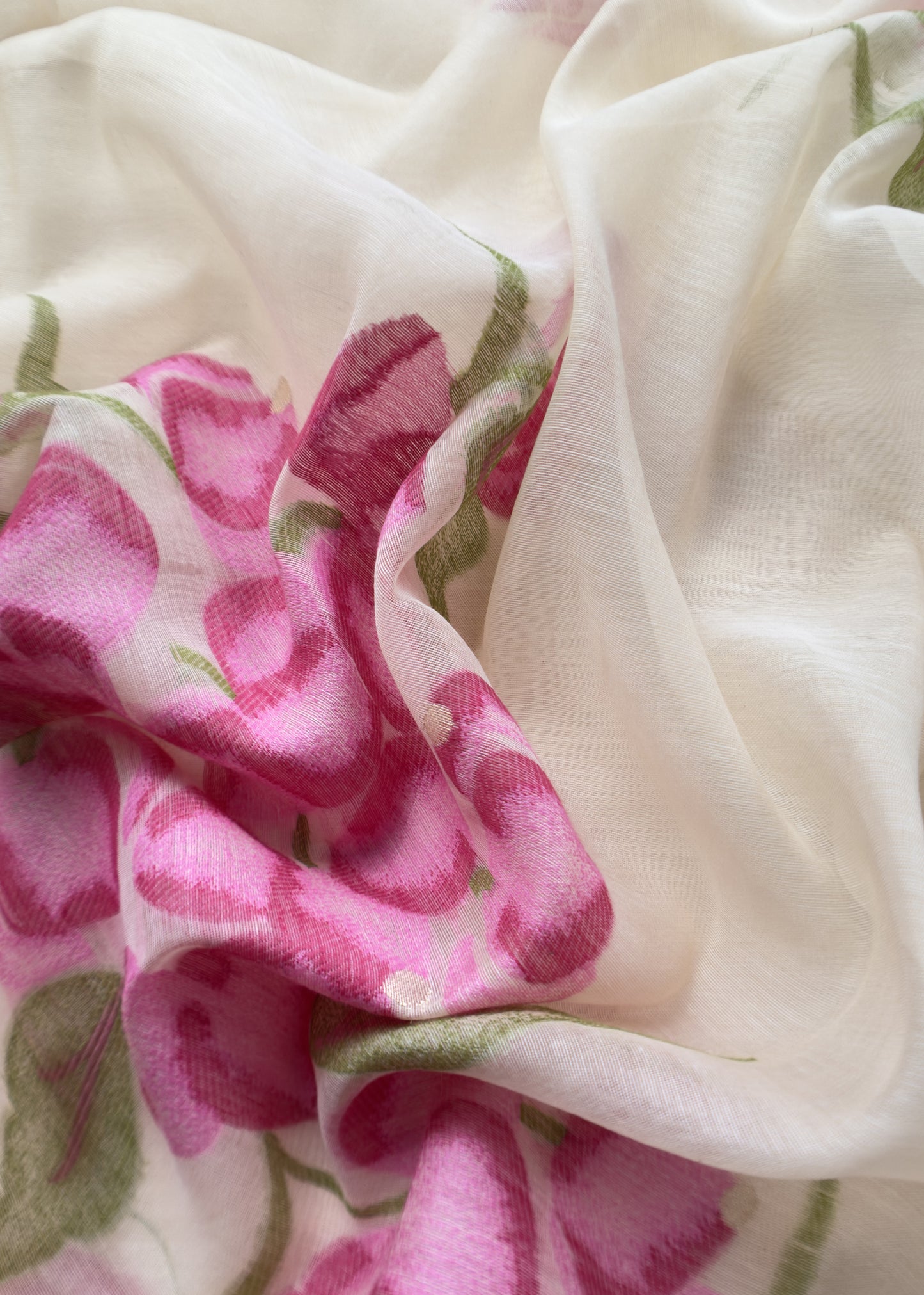 Off White Jamdani Suit With Pink Daffodil In Linen Chanderi Fabric