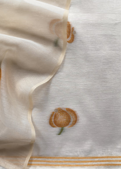 Off White Jamdani Suit With Yellow Daffodil In Linen Chanderi Fabric