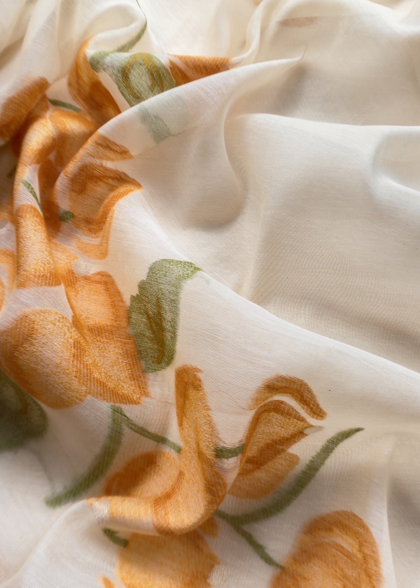 Off White Jamdani Suit With Yellow Daffodil In Linen Chanderi Fabric