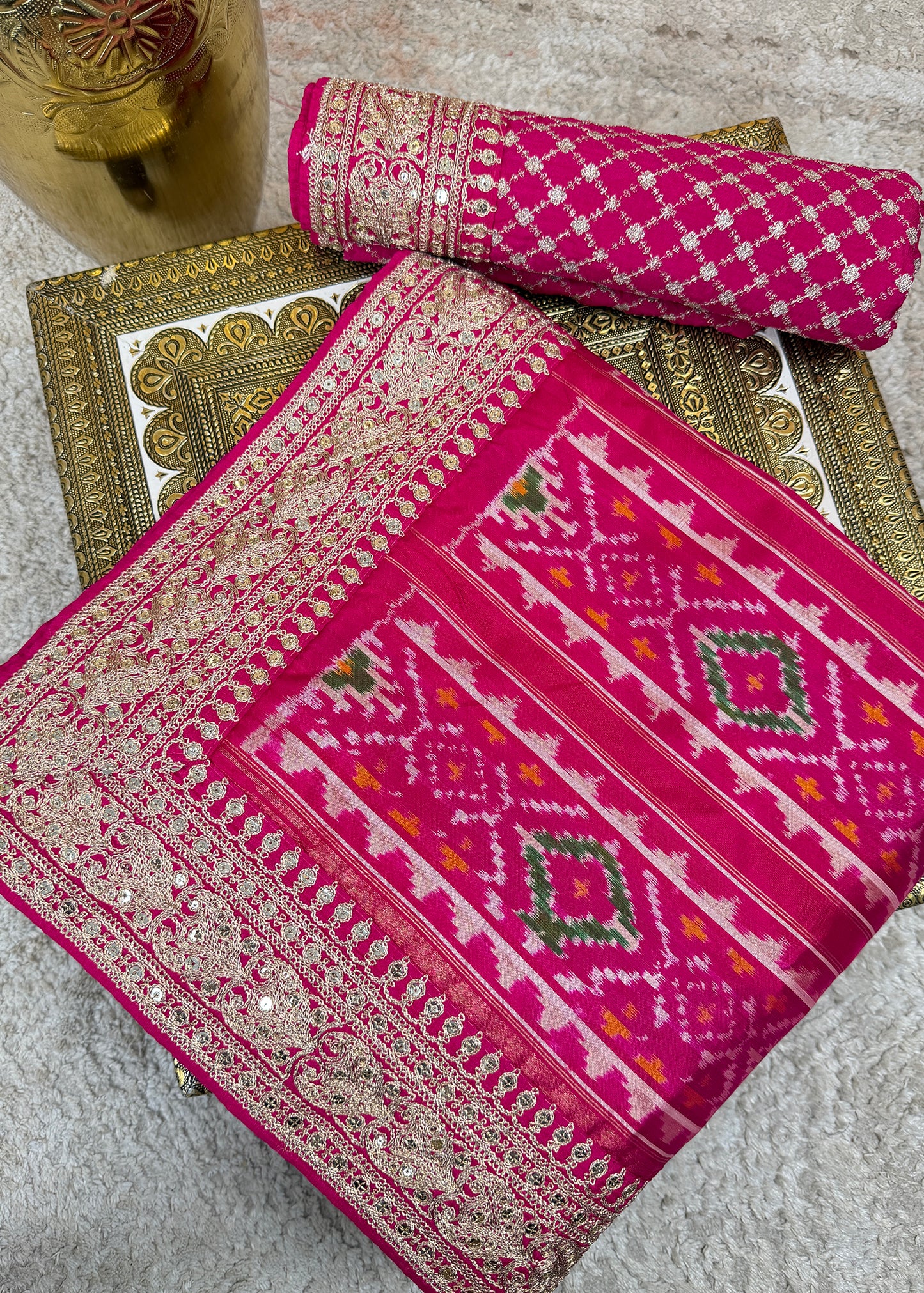 Pink With Blue Saree In Handloom Silk Adorned With Handwork Laces