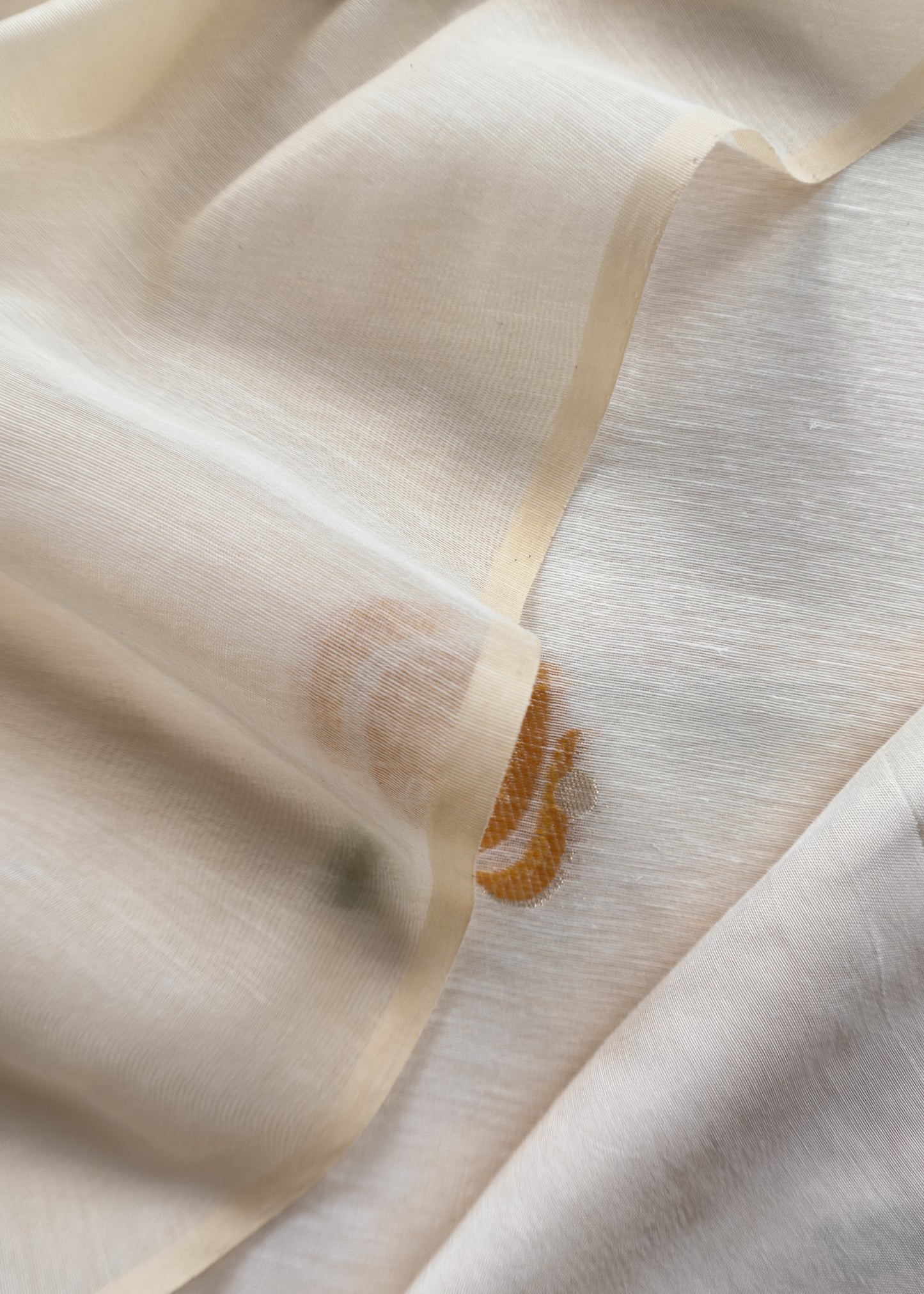 Off White Jamdani Suit With Yellow Daffodil In Linen Chanderi Fabric