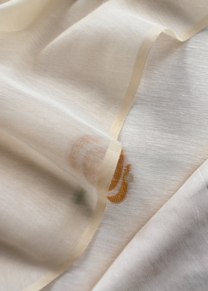 Off White Jamdani Suit With Yellow Daffodil In Linen Chanderi Fabric