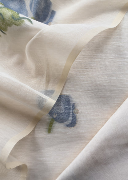 Off White Jamdani Suit With Blue Daffodil In Linen Chanderi Fabric