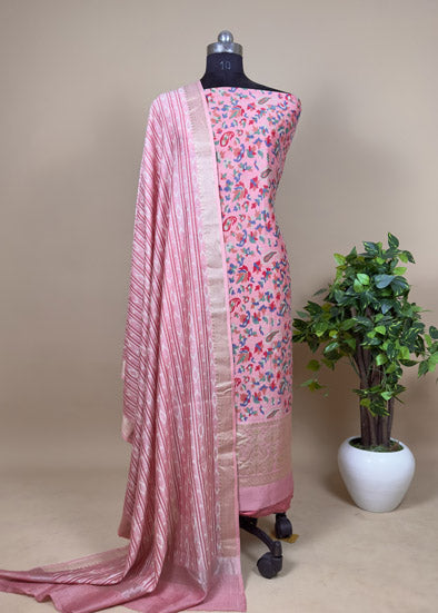 Pink Zari-Weaved Kani Unstitched Suit In Maheshwari Silk