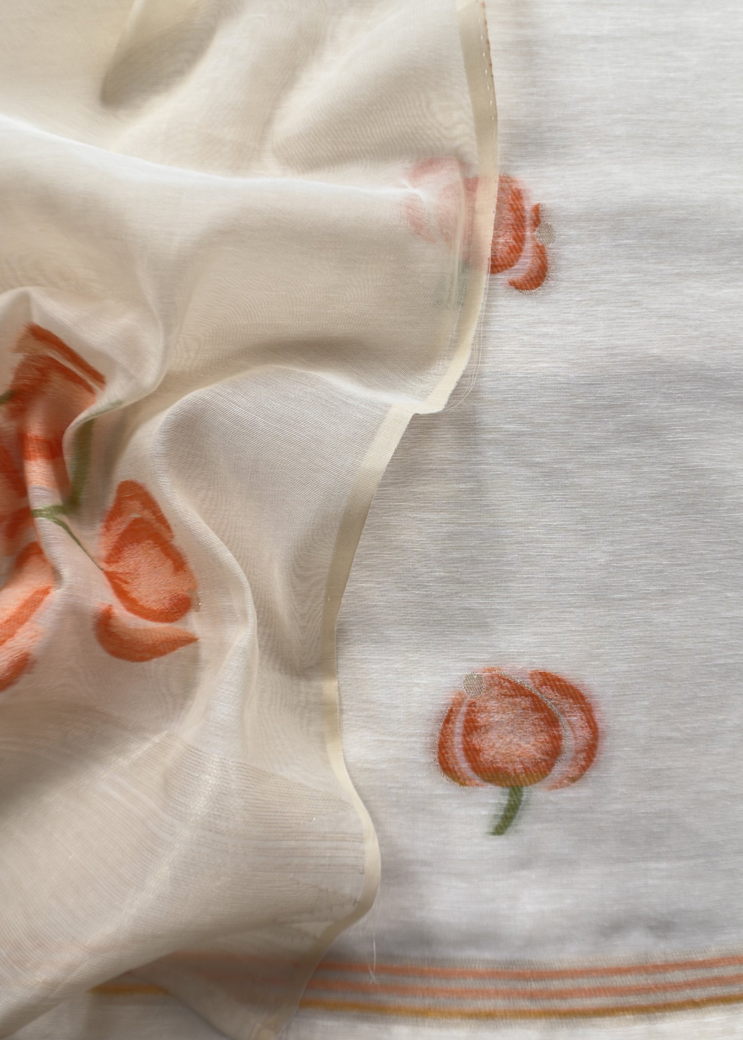 Off White Jamdani Suit With Orange Daffodil In Linen Chanderi Fabric