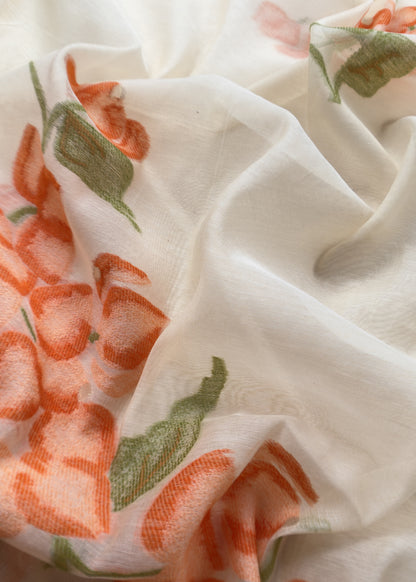 Off White Jamdani Suit With Orange Daffodil In Linen Chanderi Fabric