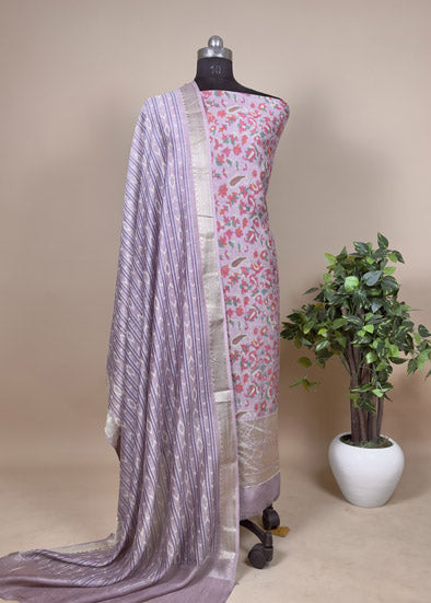 Purple Zari-Weaved Kani Unstitched Suit In Maheshwari Silk