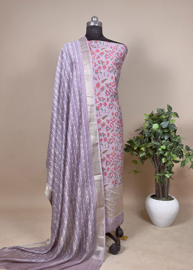 Green Zari-Weaved Kani Unstitched Suit In Maheshwari Silk