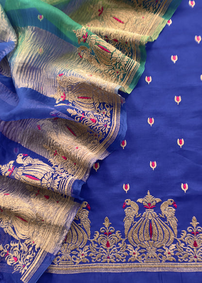 Royal Blue and Green Tyohar luxe Mor Pure Kora Silk Kurta with Double Panel Crushed Tissue Dupatta