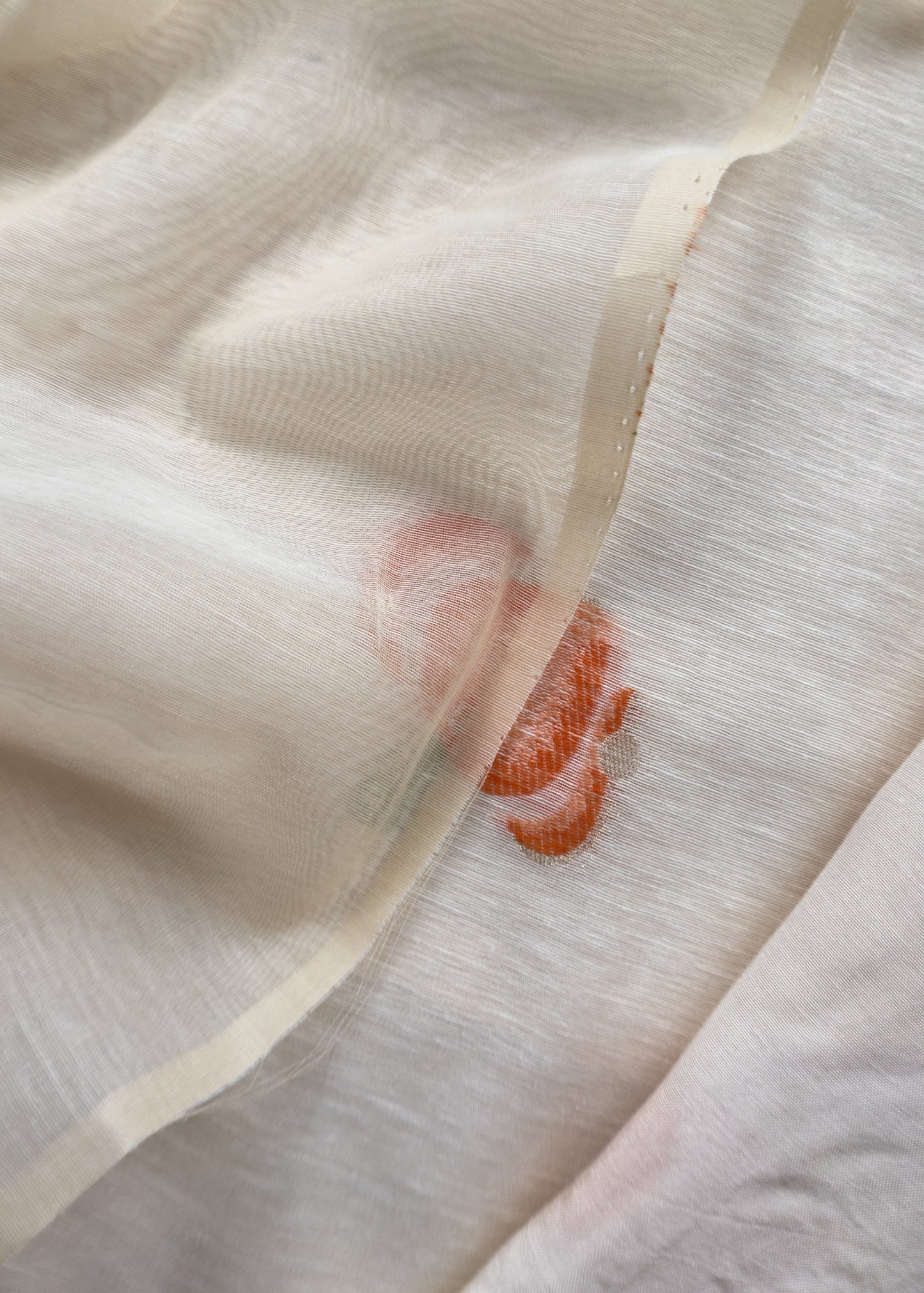 Off White Jamdani Suit With Orange Daffodil In Linen Chanderi Fabric