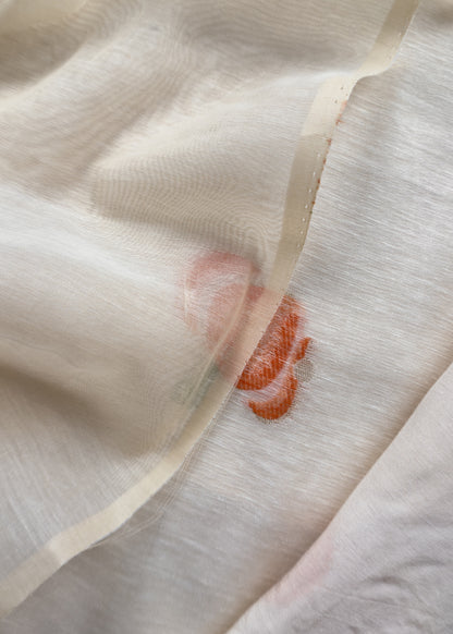 Off White Jamdani Suit With Orange Daffodil In Linen Chanderi Fabric