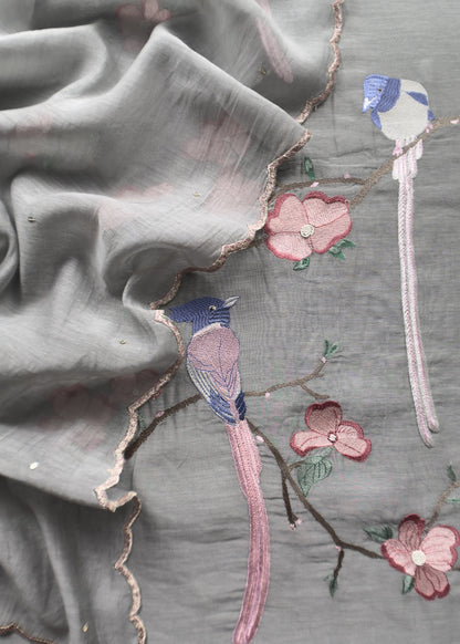 Bluish Gray Pure Mul Parrot Suit With Resham Embroidery, Sequins And Pearls