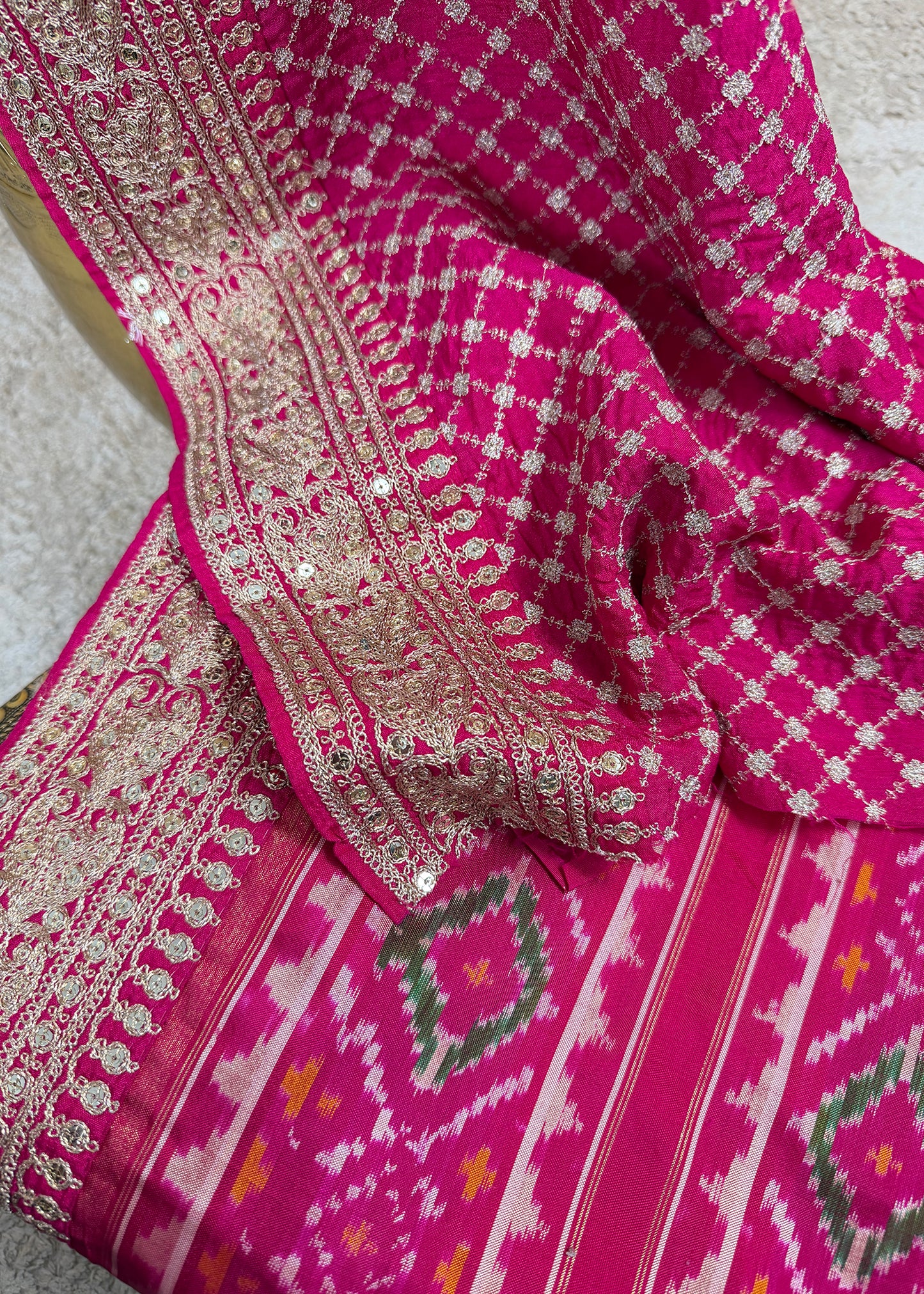 Pink With Blue Saree In Handloom Silk Adorned With Handwork Laces