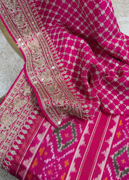 Pink With Blue Saree In Handloom Silk Adorned With Handwork Laces