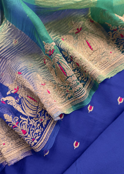 Royal Blue and Green Tyohar luxe Mor Pure Kora Silk Kurta with Double Panel Crushed Tissue Dupatta