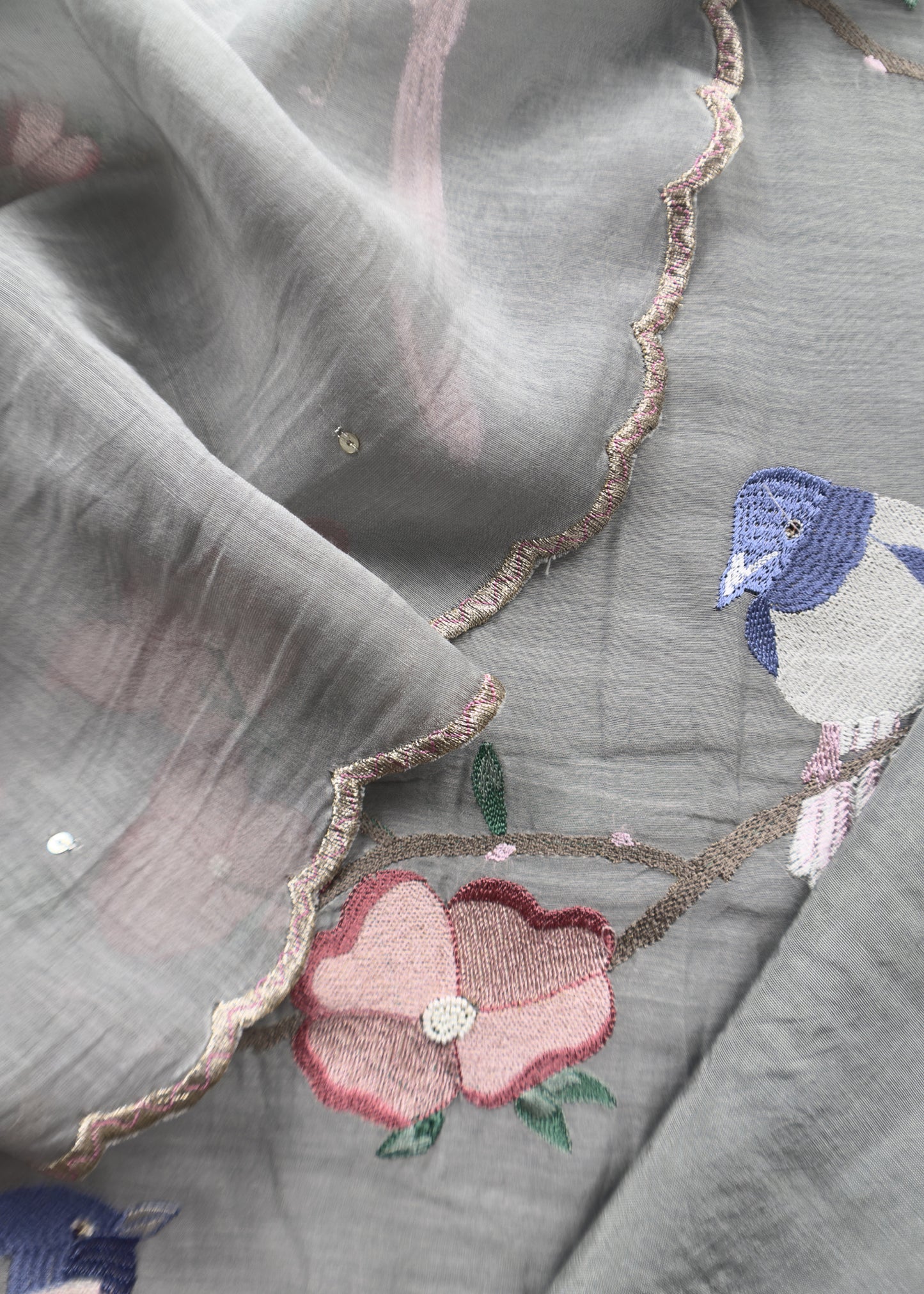Bluish Gray Pure Mul Parrot Suit With Resham Embroidery, Sequins And Pearls