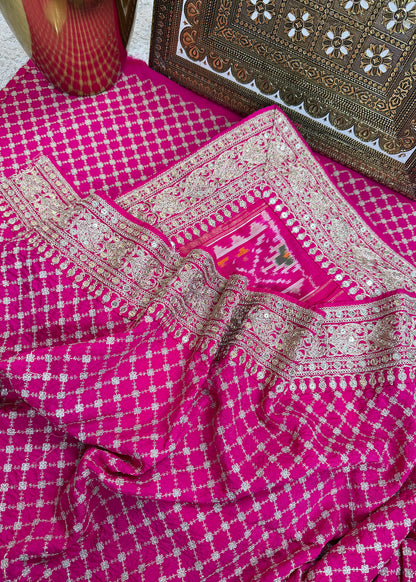 Pink With Blue Saree In Handloom Silk Adorned With Handwork Laces