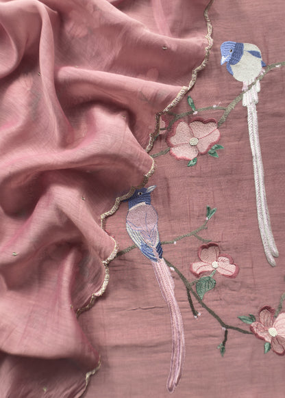 Dusty Pink Pure Mul Parrot Suit With Resham Embroidery, Sequins And Pearls