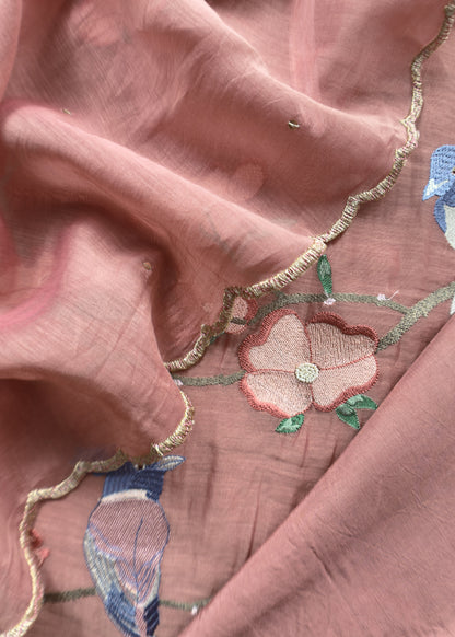 Dusty Pink Pure Mul Parrot Suit With Resham Embroidery, Sequins And Pearls