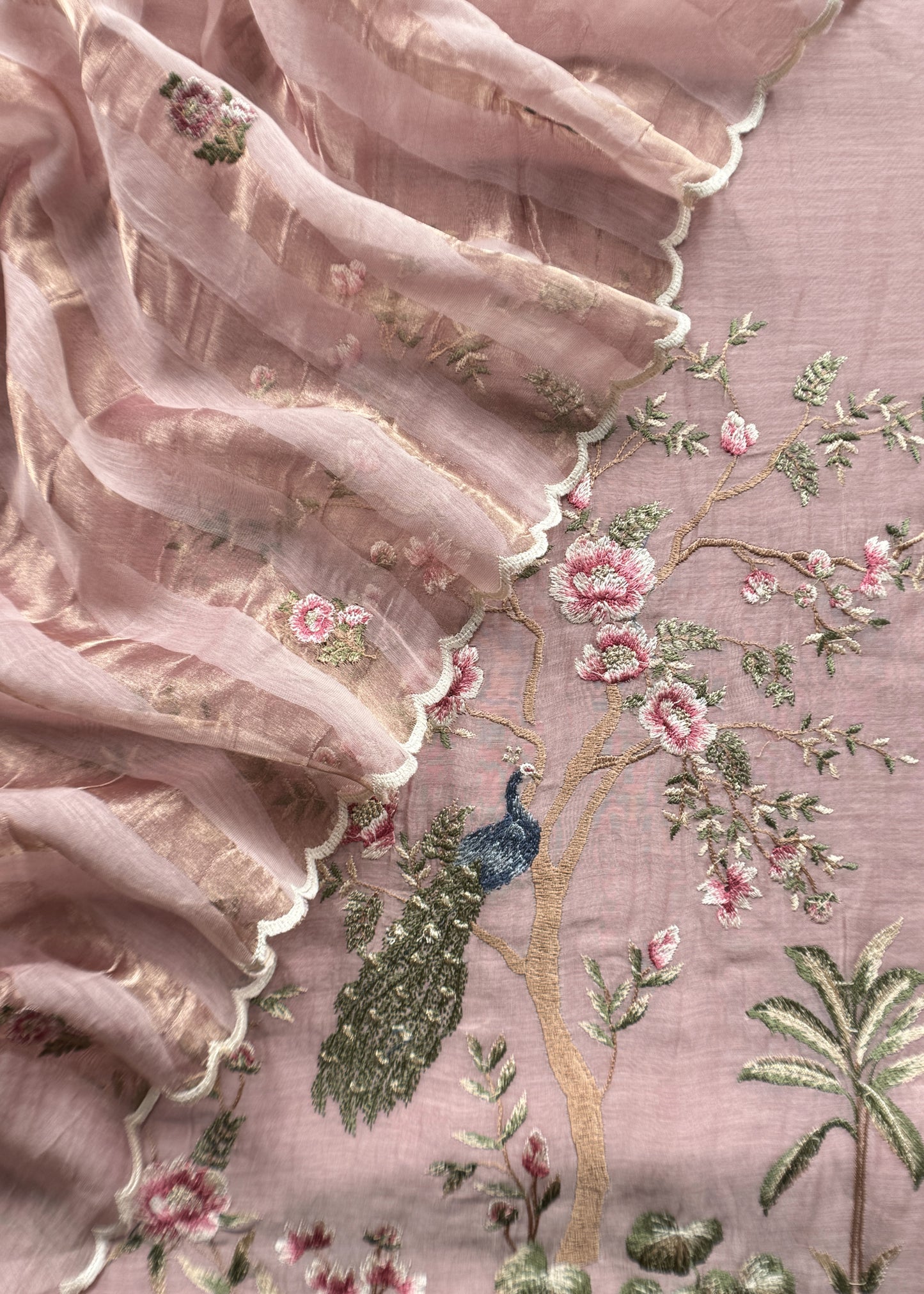 Baby Pink Handloom Mul Suit With Peacock Resham Bharwa Embroidery