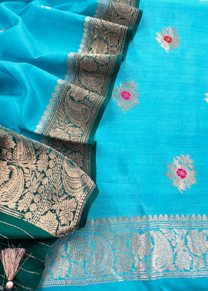 Blue Green Handloom Banarasi Silk Kurta With Kadwa Meenakari Weaving