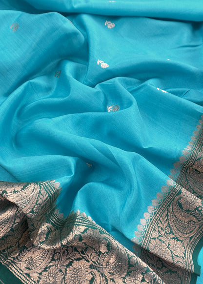 Blue Green Handloom Banarasi Silk Kurta With Kadwa Meenakari Weaving