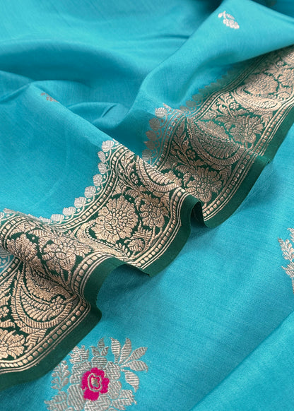 Blue Green Handloom Banarasi Silk Kurta With Kadwa Meenakari Weaving