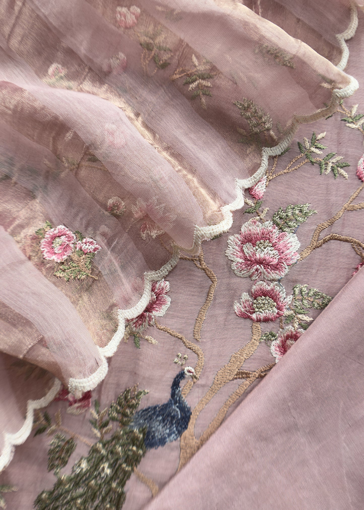 Baby Pink Handloom Mul Suit With Peacock Resham Bharwa Embroidery