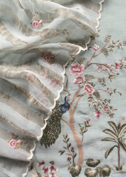 Light Blue Handloom Mul Suit With Peacock Resham Bharwa Embroidery