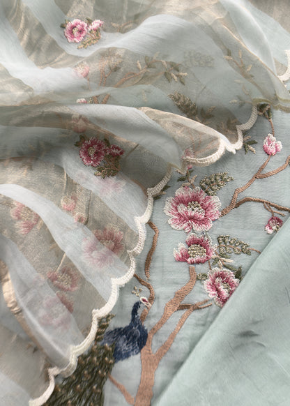 Light Blue Handloom Mul Suit With Peacock Resham Bharwa Embroidery