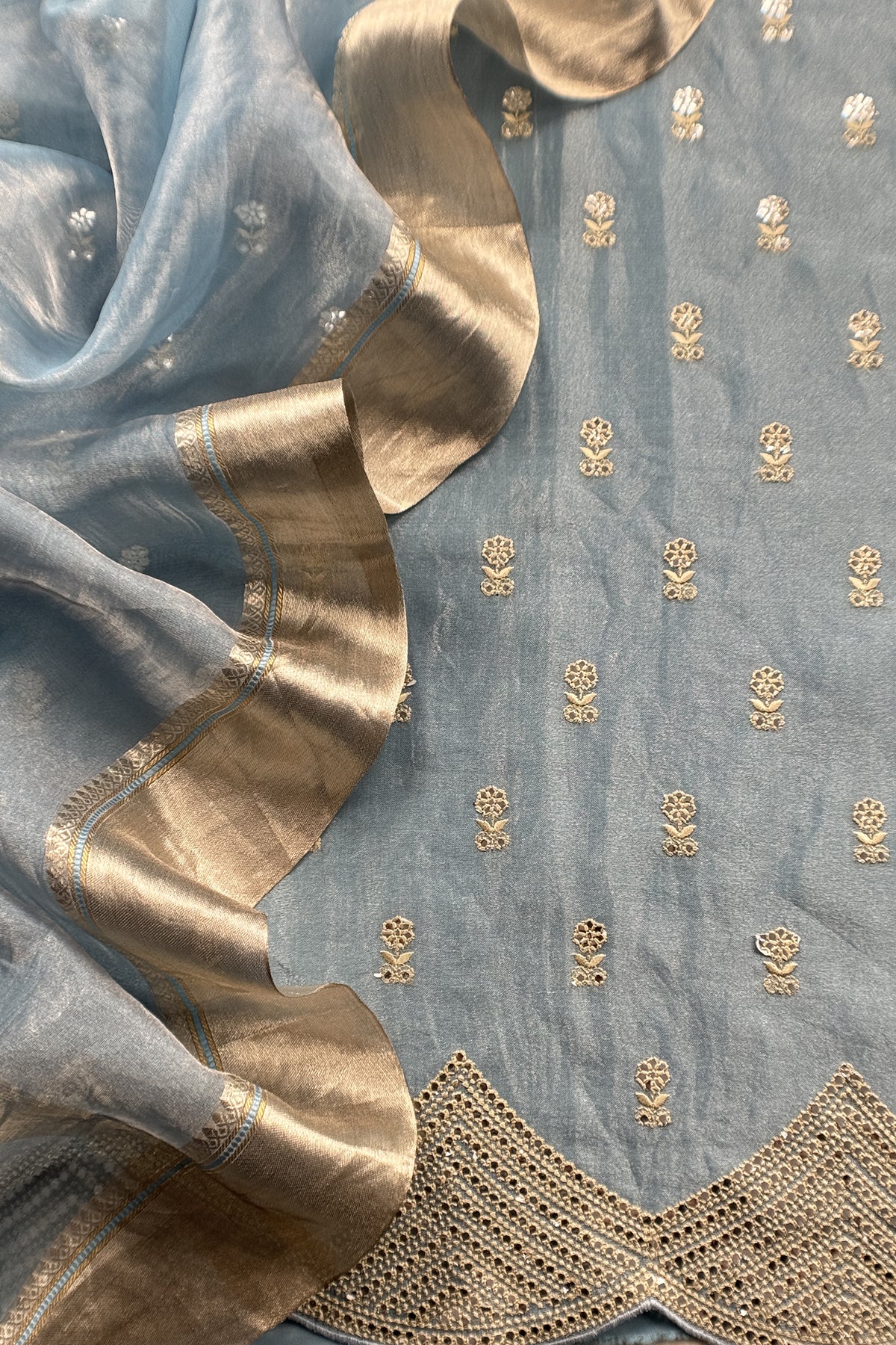 Blue Luxe Handloom Tissue Silk Unstitched Suit With Mirror Work