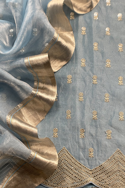 Blue Luxe Handloom Tissue Silk Unstitched Suit With Mirror Work
